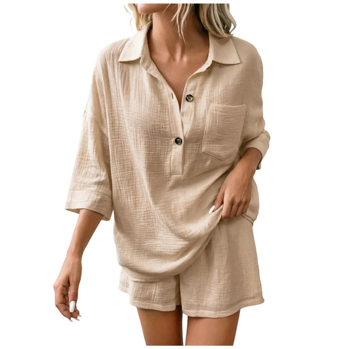 Breezy relaxed-fit women's beach short set with collared top & drawstring shorts, perfect for summer vacation.