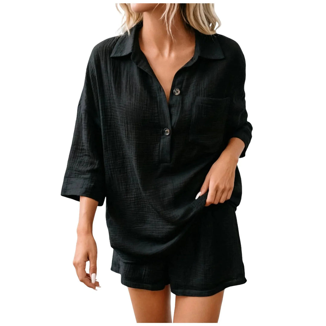 Relaxed-fit women's short set, a breezy beach outfit with a collared shirt & comfy drawstring shorts.