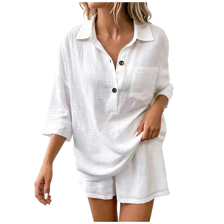 Stylish women's co-ord short set for beach or vacation; includes a relaxed collared top & drawstring shorts.