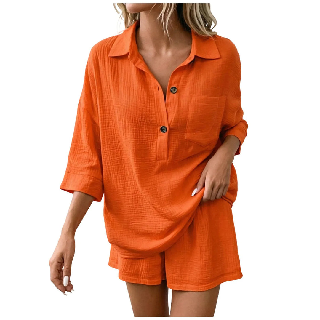 Lightweight women's relaxed-fit two-piece short set, ideal as a breezy summer outfit or casual beachwear.
