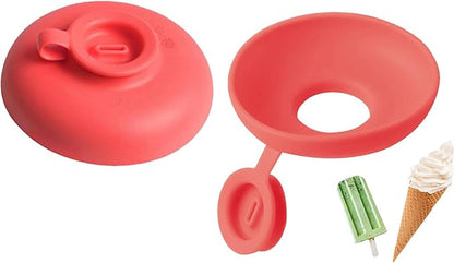 Child holding an ice cream cone in a red silicone holder, demonstrating its secure grip and anti-drip feature