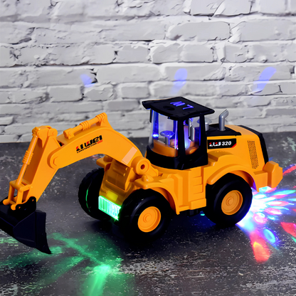 Bright yellow kids musical excavator toy with flashing lights and auto-navigation, perfect for toddlers.