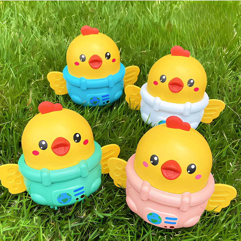 Bright yellow push & go chicken toy set for toddlers, promoting imaginative play and motor skills.