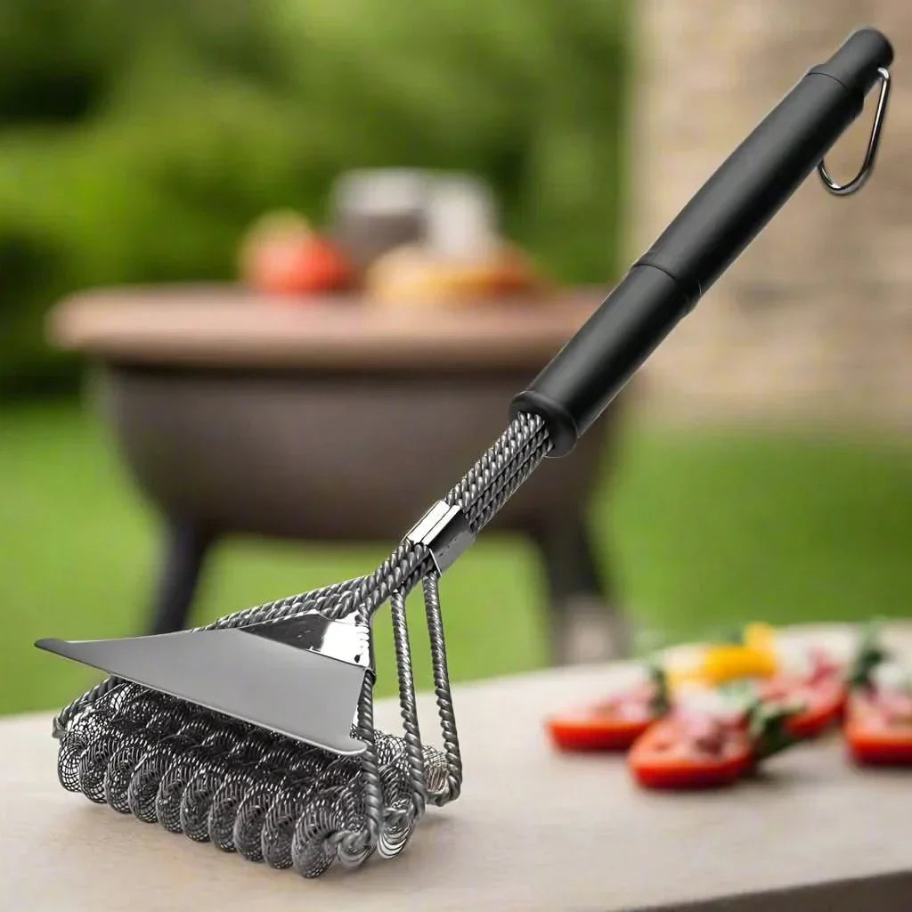 Bristle-free stainless steel grill brush for safe, effective BBQ cleaning. Durable grilling tool.