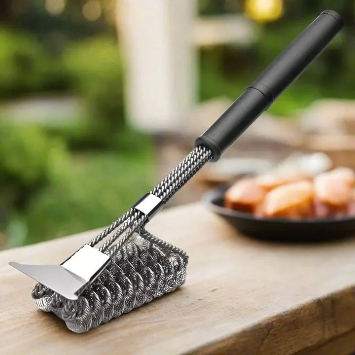 Heavy-duty bristle-free grill brush, stainless steel construction for powerful, safe BBQ grate cleaning.
