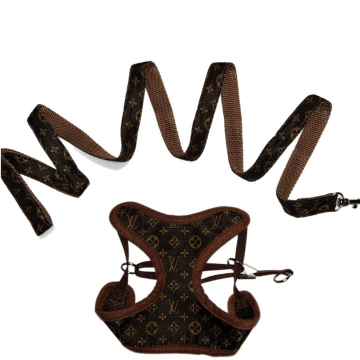Close-up of a brown no-pull dog harness, showing durable buckles and comfortable, adjustable pet vest.