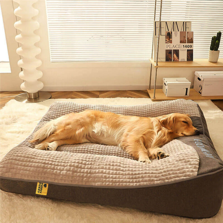 Brown orthopedic dog bed with supportive cushion for joint support & pet comfort. Durable & tear-resistant for large dogs.