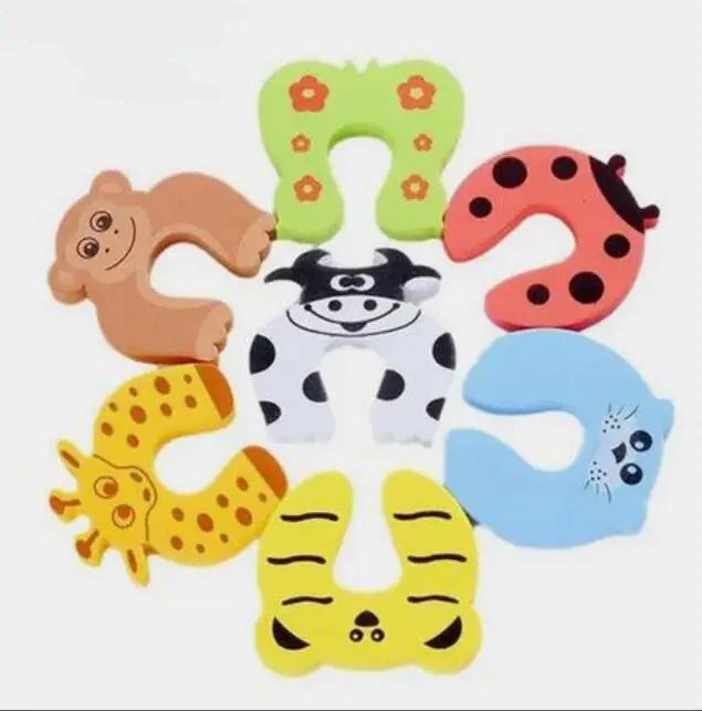 Multi-pack of baby safety door stoppers, colorful cartoon animals for home and nursery protection.