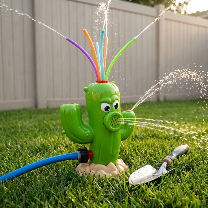 Cartoon cactus sprinkler for kids' summer backyard water fun. Outdoor play toy.