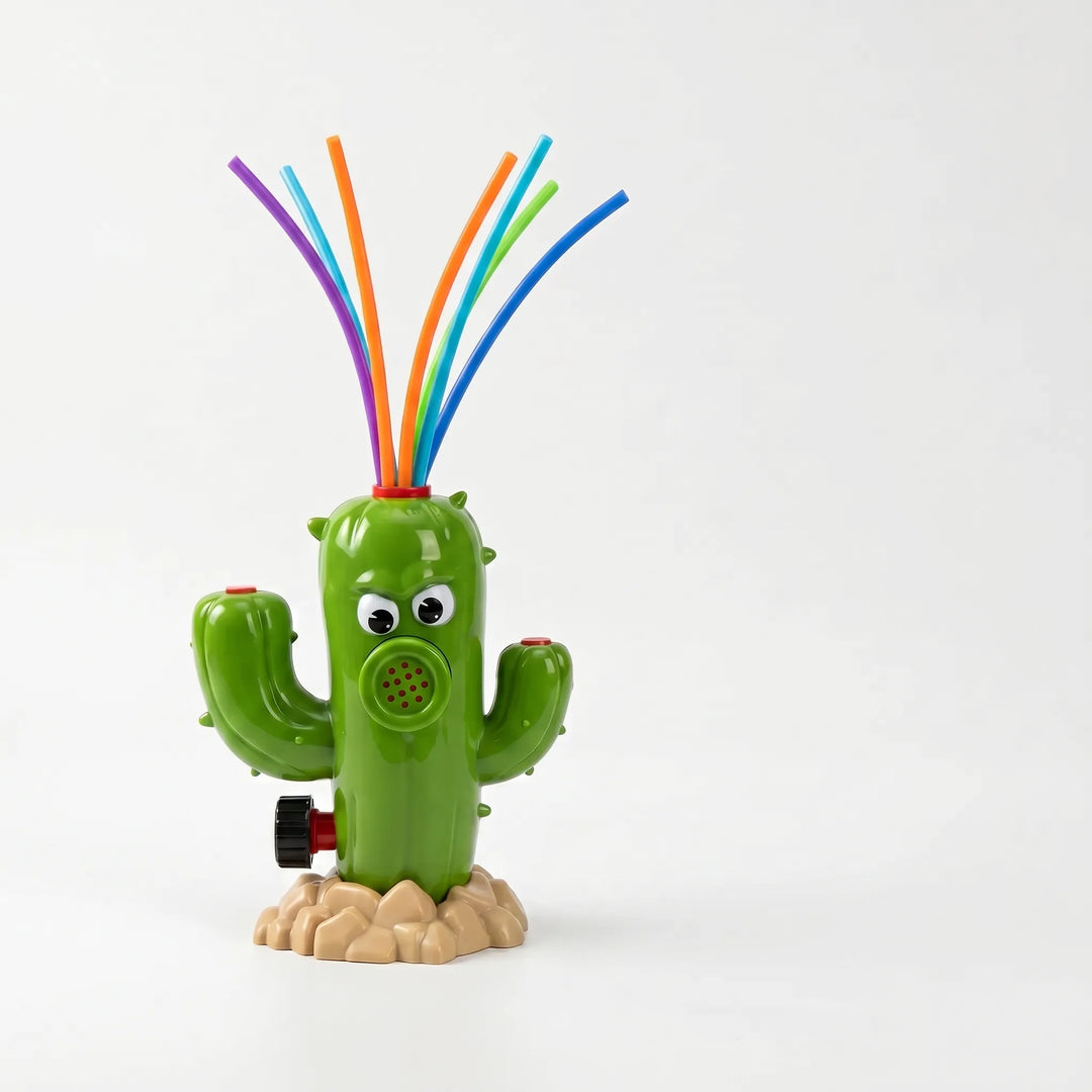 Vibrant cartoon cactus sprinkler bringing dynamic water play & cool relief to children in the garden.