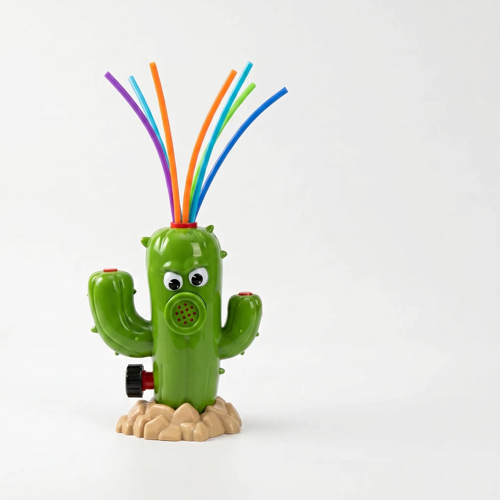 Vibrant cartoon cactus sprinkler bringing dynamic water play & cool relief to children in the garden.
