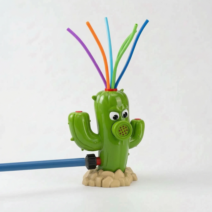 Dynamic water spray from a cartoon cactus sprinkler, ideal for children's outdoor summer play & games.