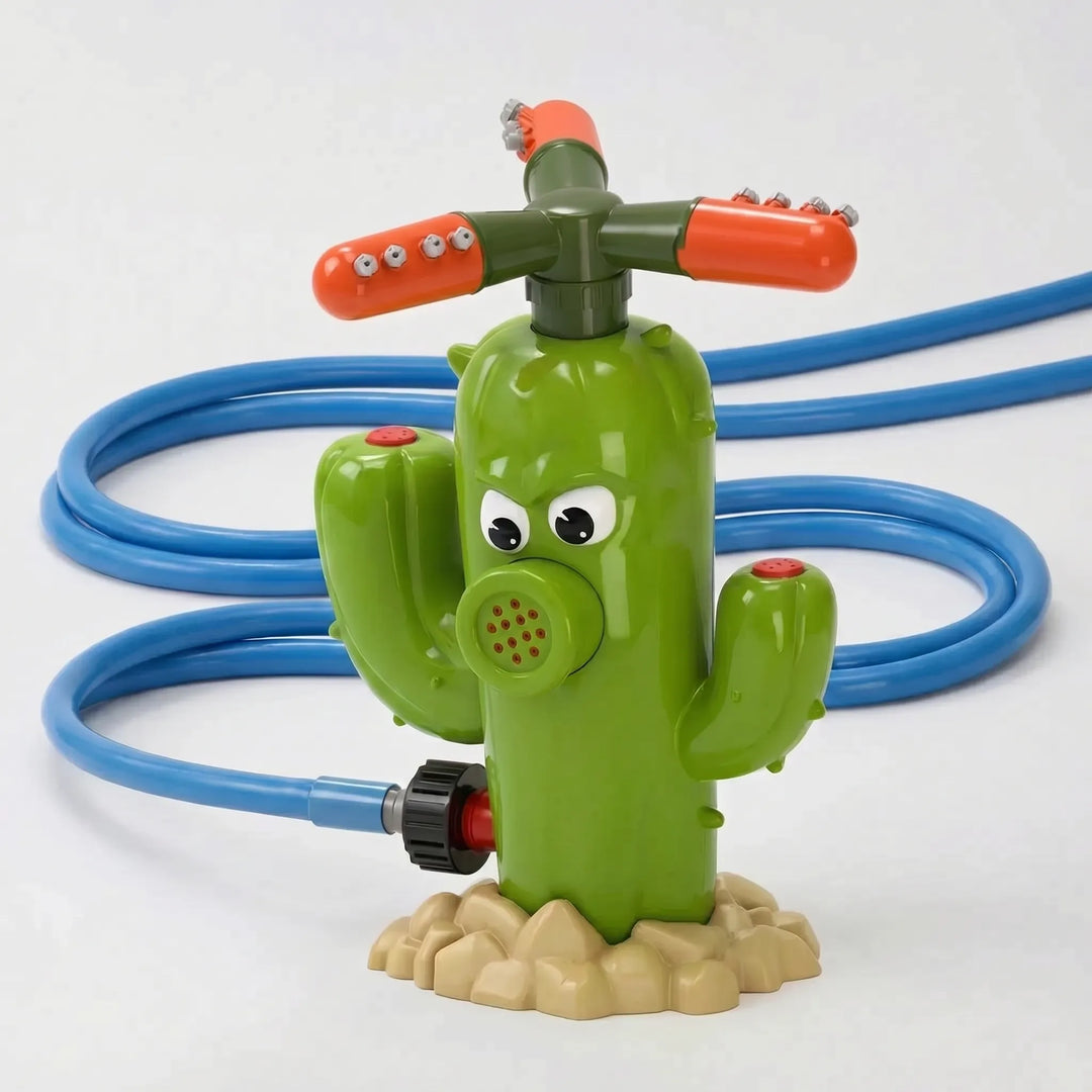 Interactive cartoon cactus water sprinkler for kids' backyard summer fun. Outdoor play equipment toy.