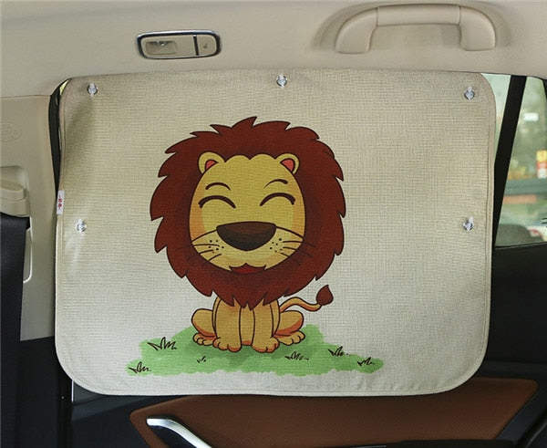Kids car window curtain with cute cartoon design, blocks sun for baby in car seat