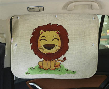 Kids car window curtain with cute cartoon design, blocks sun for baby in car seat