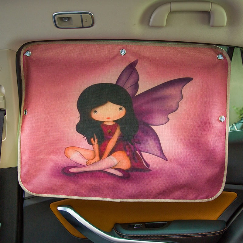 Vehicle window curtain with cartoon car theme, ideal for baby and child sun protection