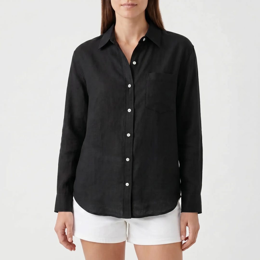 Relaxed fit women's long-sleeved button-up blouse, a comfortable casual top for everyday fashion.