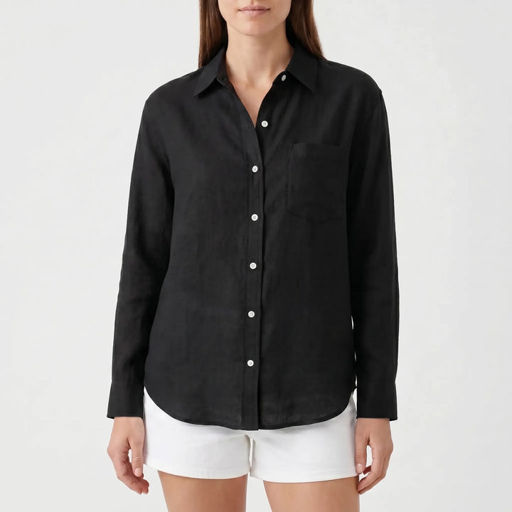 Relaxed fit women's long-sleeved button-up blouse, a comfortable casual top for everyday fashion.