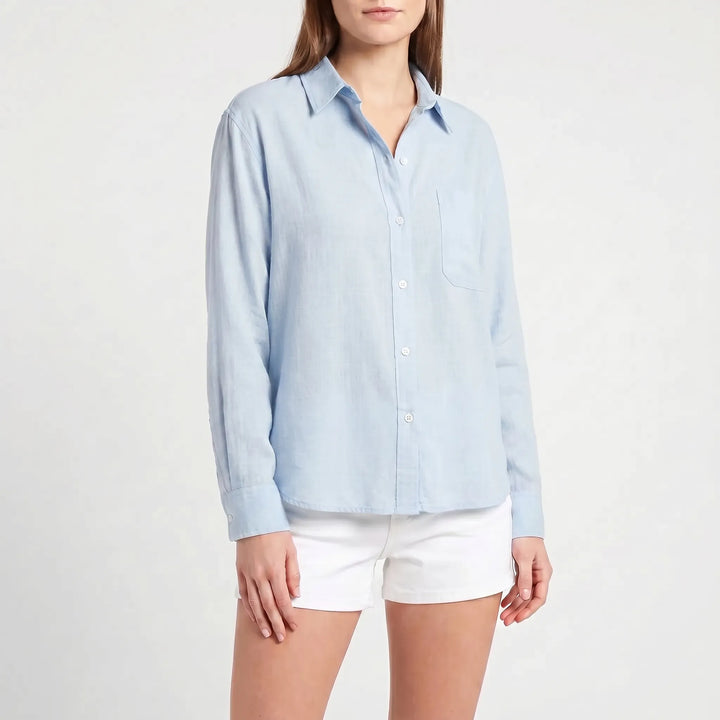 Fashionable women's long-sleeved button-up blouse, essential casual wear & everyday apparel.