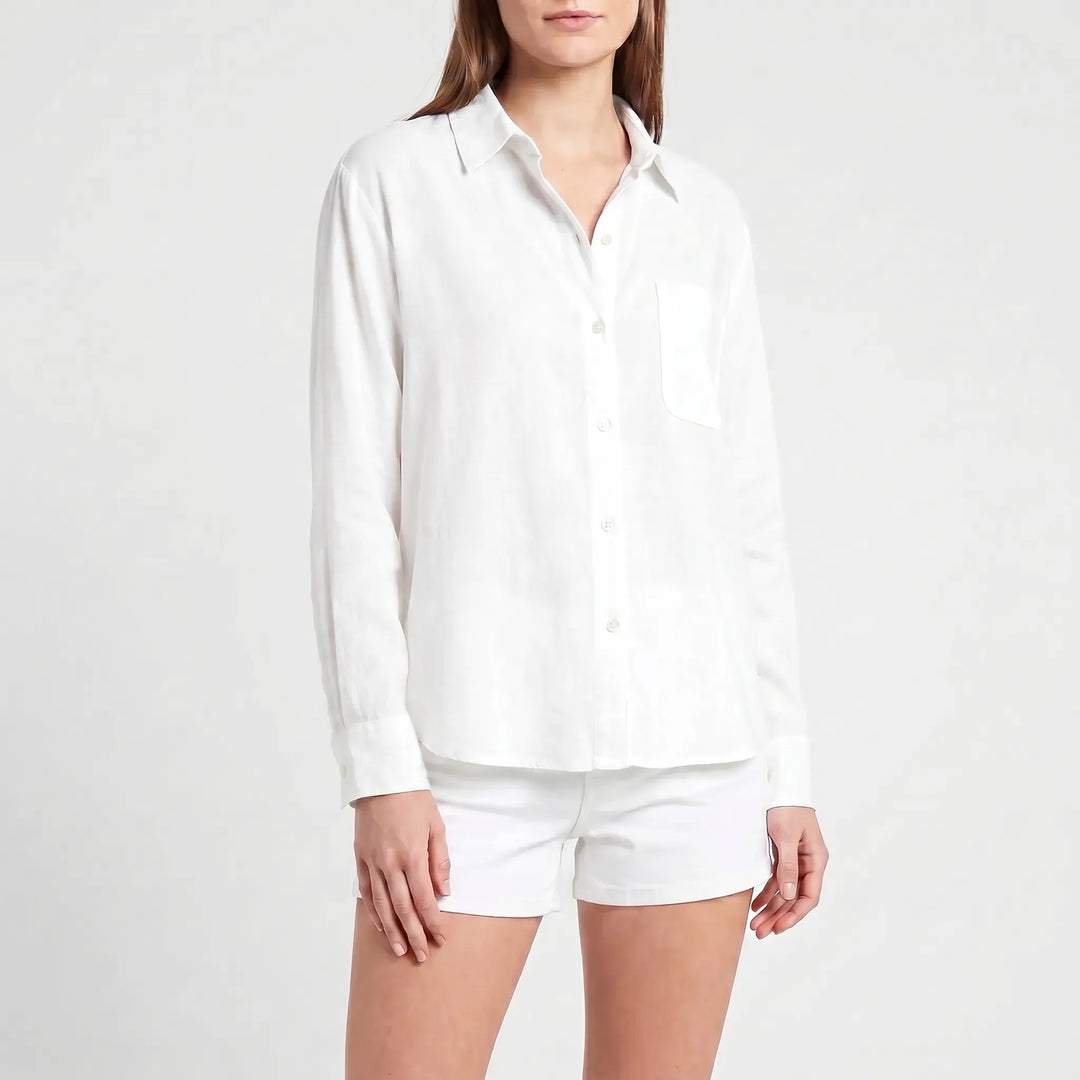 Classic women's long-sleeved button-up blouse, a chic collared casual top for versatile styling.