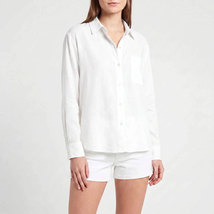 Classic women's long-sleeved button-up blouse, a chic collared casual top for versatile styling.