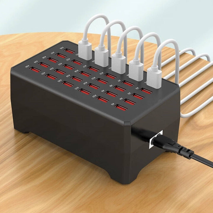 ChargeMax 30-port universal USB charging station with fast charging for multiple devices, perfect for tech organization.