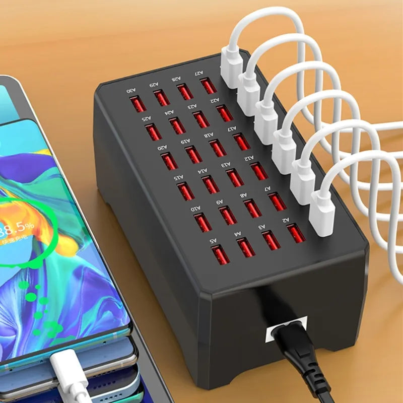 Efficient 30-port USB charger and desk organizer for home office electronics, with universal compatibility and EU plug.