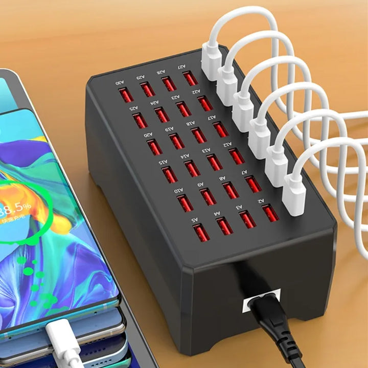 Efficient 30-port USB charger and desk organizer for home office electronics, with universal compatibility and EU plug.