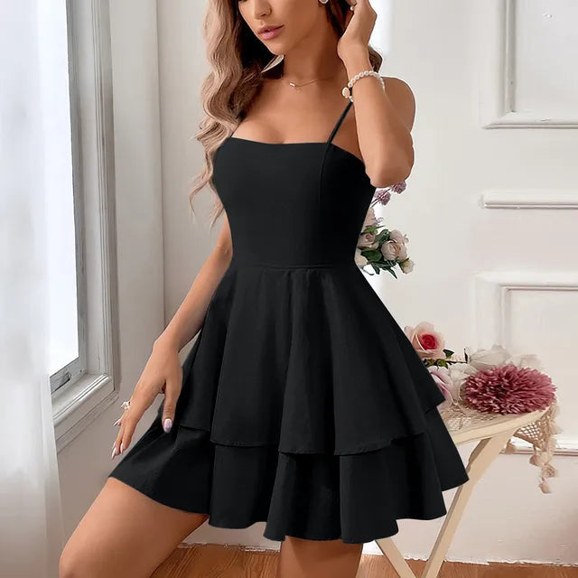 Chic A-line tiered mini homecoming dress for women with spaghetti straps, perfect for parties.