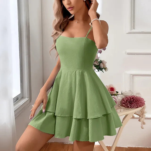 Stylish women's A-line tiered mini party dress, a versatile spaghetti strap cocktail or evening outfit.