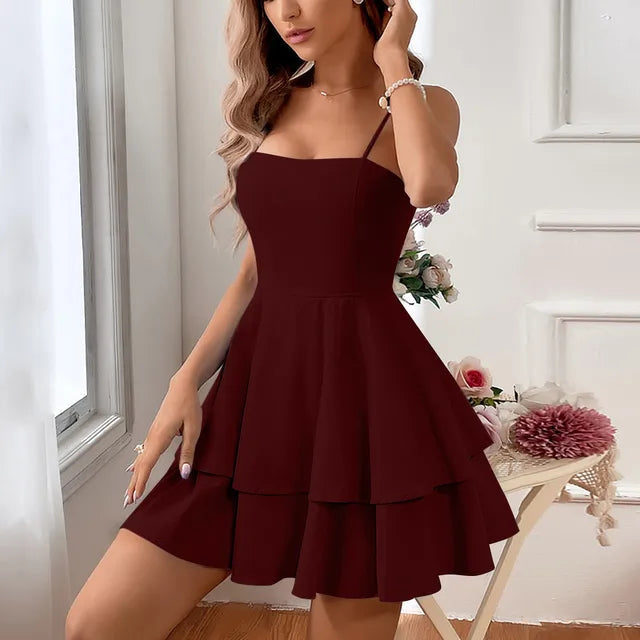 Women's tiered A-line mini dress, a chic and flirty homecoming or party dress with delicate straps.
