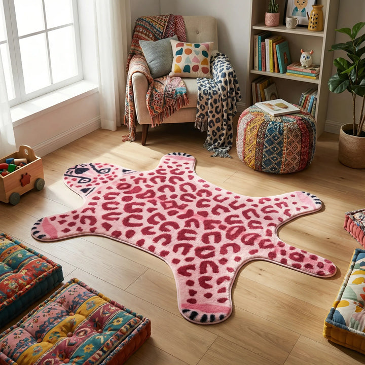 Chic Flowique leopard print shaped accent rug with whimsical waves. Plush & cozy, ideal for modern home floor decor.