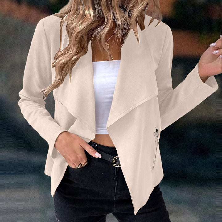 Elegant black women's long sleeve open front cropped jacket featuring a stylish draped design and waterfall lapel.