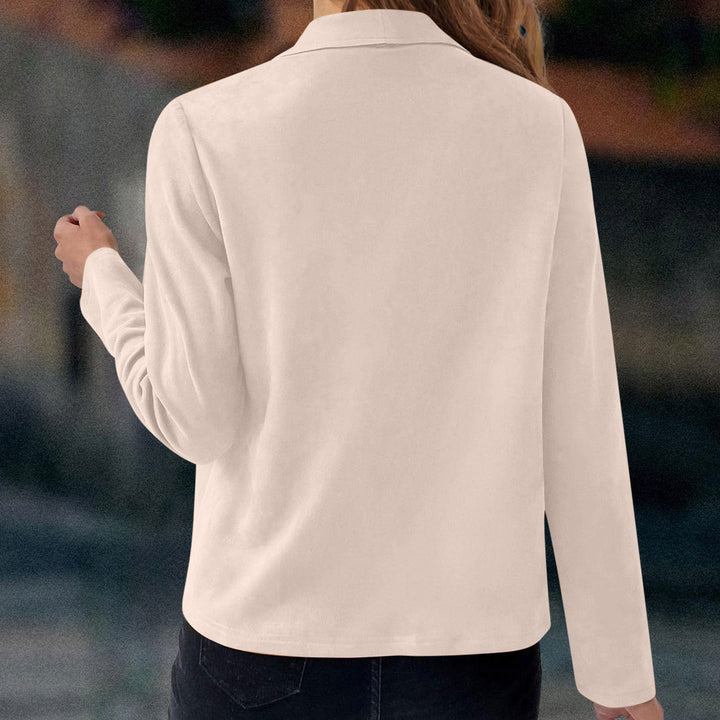 Versatile blue women's casual cropped jacket with a chic draped open front and unique waterfall lapel for layering.