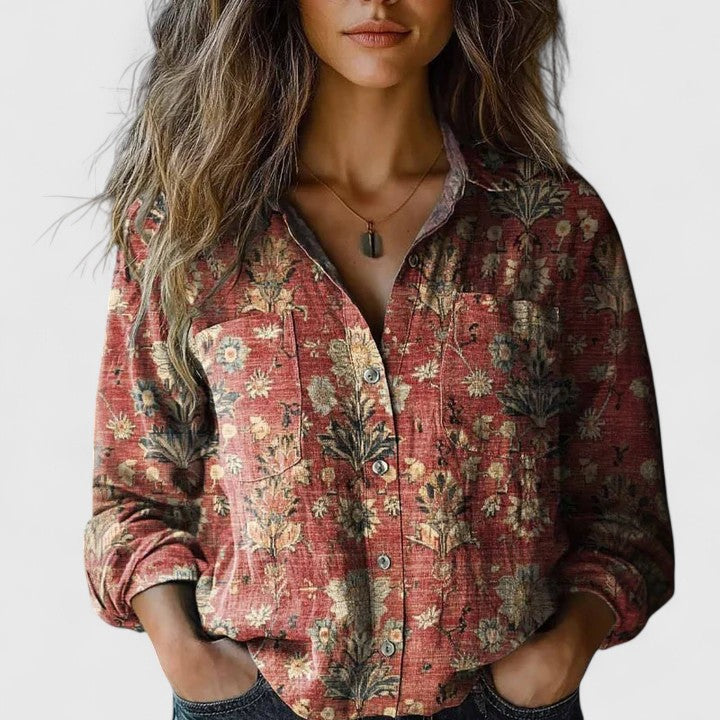 Elegant red floral print women's blouse with long sleeves. Versatile chic top for casual & special occasions.