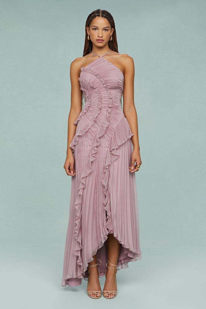 Chic Ruffle Halter Maxi Wedding Guest Dress. Elegant formal evening wear for women's special occasions and parties.