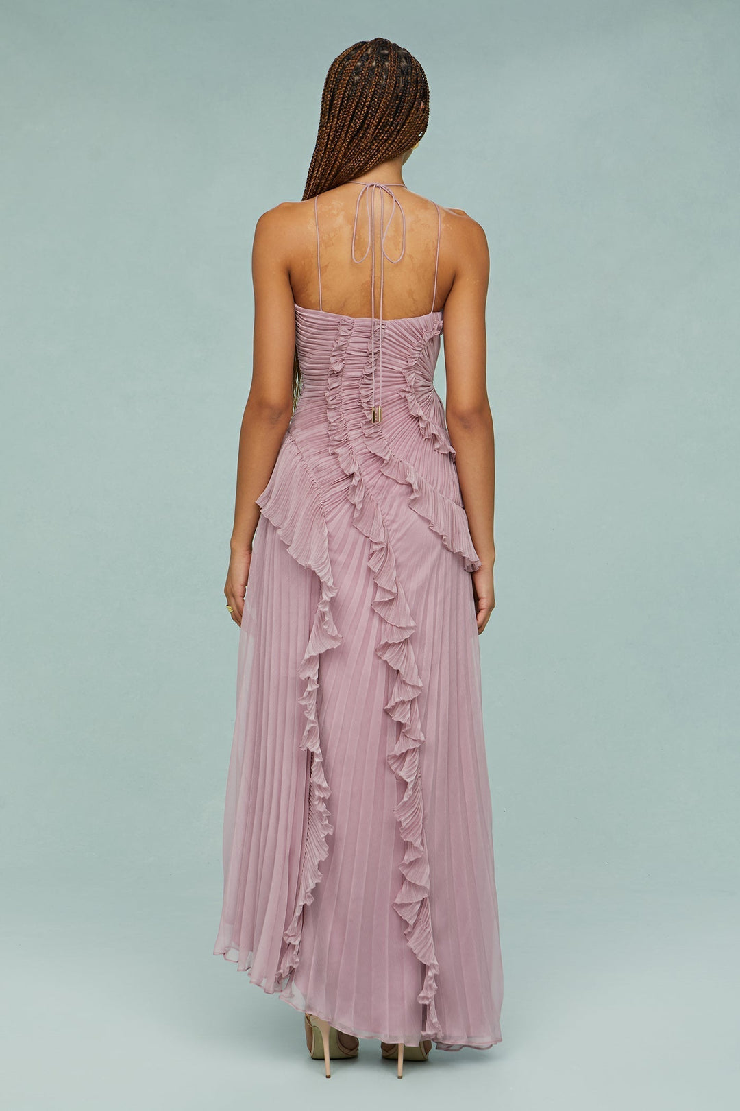 Fashionable women's ruffle halter maxi dress. Chic and elegant design for wedding guests & formal party attire.