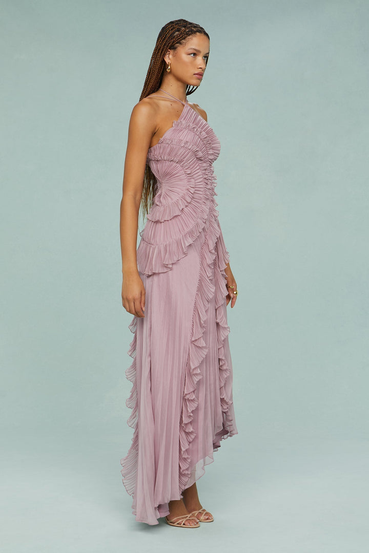 Mauve ruffle halter maxi dress for women. Elegant formal gown, perfect as a wedding guest or special occasion party dress.