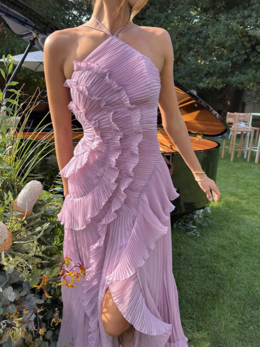 Women's Chic Ruffle Halter Maxi Wedding Guest Dress. Elegant, formal, and fashionable evening party attire for her.
