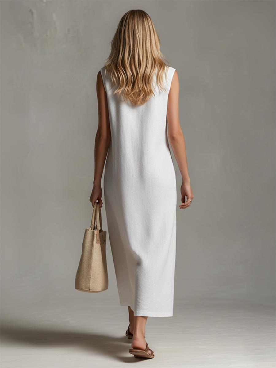 Elegant women's sleeveless midi dress with a stylish front zipper and stand collar. Perfect for sophisticated casual summer wear.