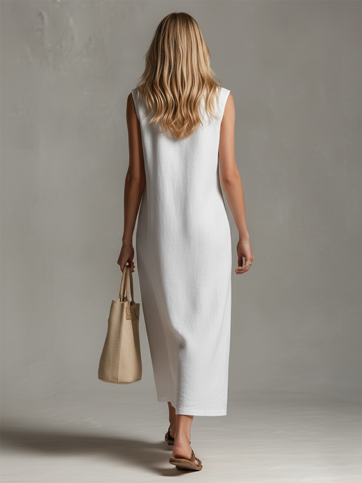 Elegant women's sleeveless midi dress with a stylish front zipper and stand collar. Perfect for sophisticated casual summer wear.