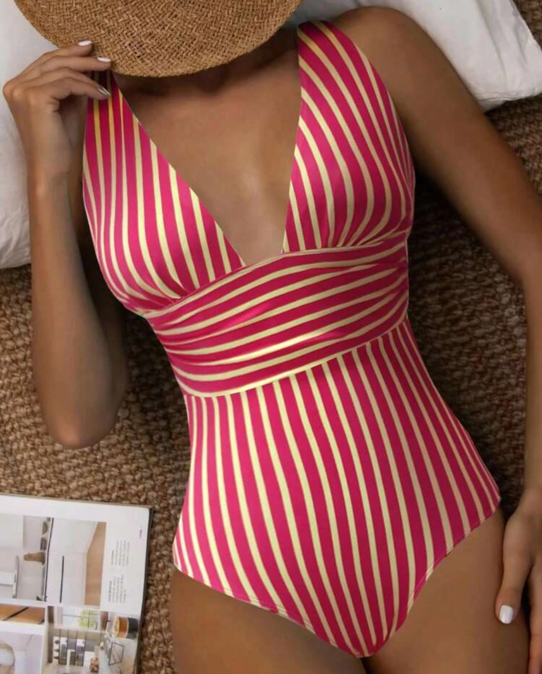 Fashionable one-piece swimwear for women with elegant stripes, ideal vacation wear.