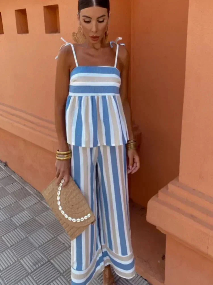 Chic striped wide leg two-piece set for women, perfect for a wedding guest, resort, or summer party.