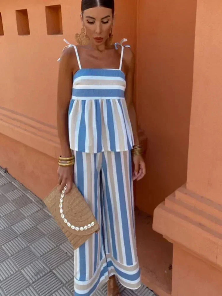 Chic striped wide leg two-piece set for women, perfect for a wedding guest, resort, or summer party.