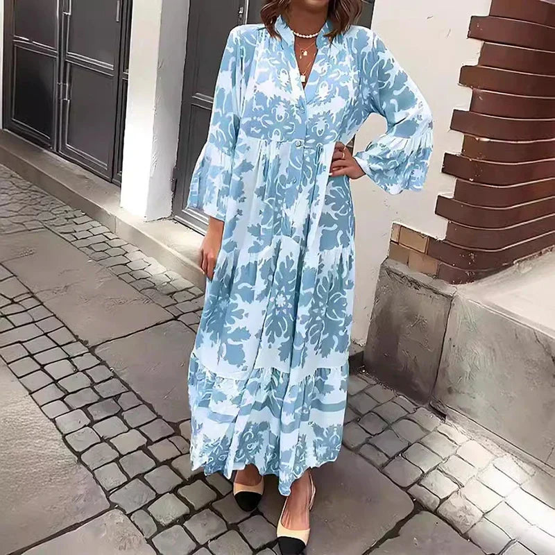 Boho baroque print button-down maxi dress for women, featuring long lantern sleeves and a graceful tiered skirt.