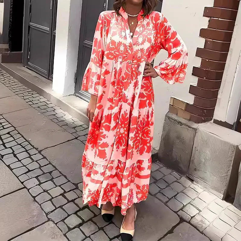 Women's chic baroque print long maxi dress with elegant lantern sleeves, V-neck, and a flattering flowy silhouette.