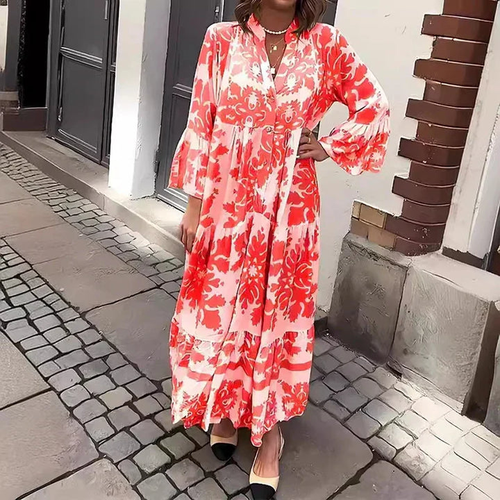 Women's chic baroque print long maxi dress with elegant lantern sleeves, V-neck, and a flattering flowy silhouette.