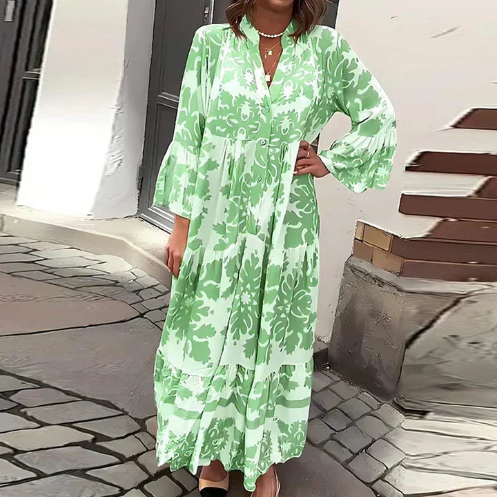 Flowy women's baroque print summer maxi dress with chic lantern sleeves, button-down front, and a comfortable tiered skirt.