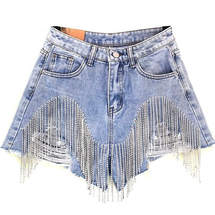 Chic women's blue tassel shorts, perfect for stylish summer fashion & comfortable everyday casual wear.