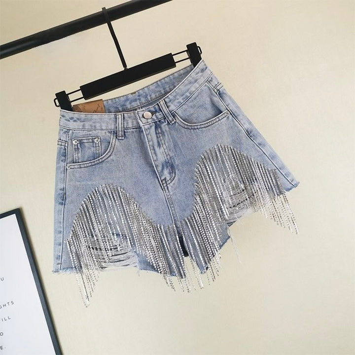 Comfortable women's blue tassel shorts, versatile for trendy summer fashion and everyday casual wear.